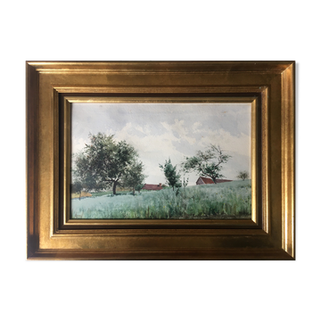 Watercolor signed Victor Henry (1855-1942) "The field of the village" with frame