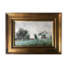 Watercolor signed Victor Henry (1855-1942) "The field of the village" with frame