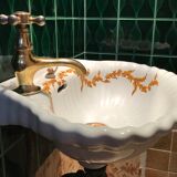 VINTAGE SHELL WASHBASIN SET PORCELAIN OF PARIS SHELVES BASIN AND TOWEL RACK