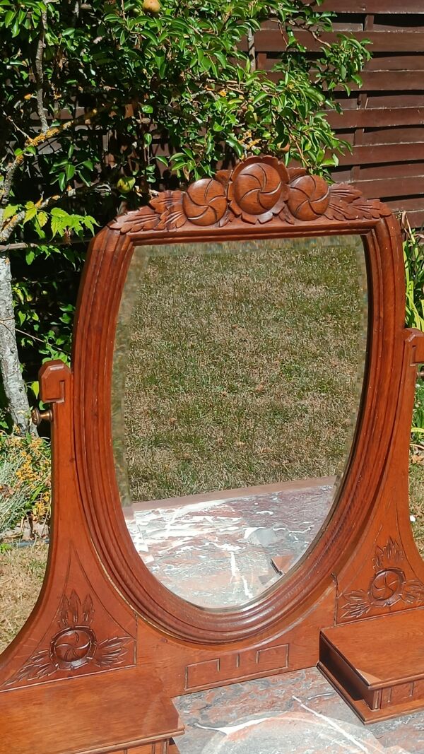 Coiffeuse Art déco en chêne, plateau en marbre  et miroir pivotant