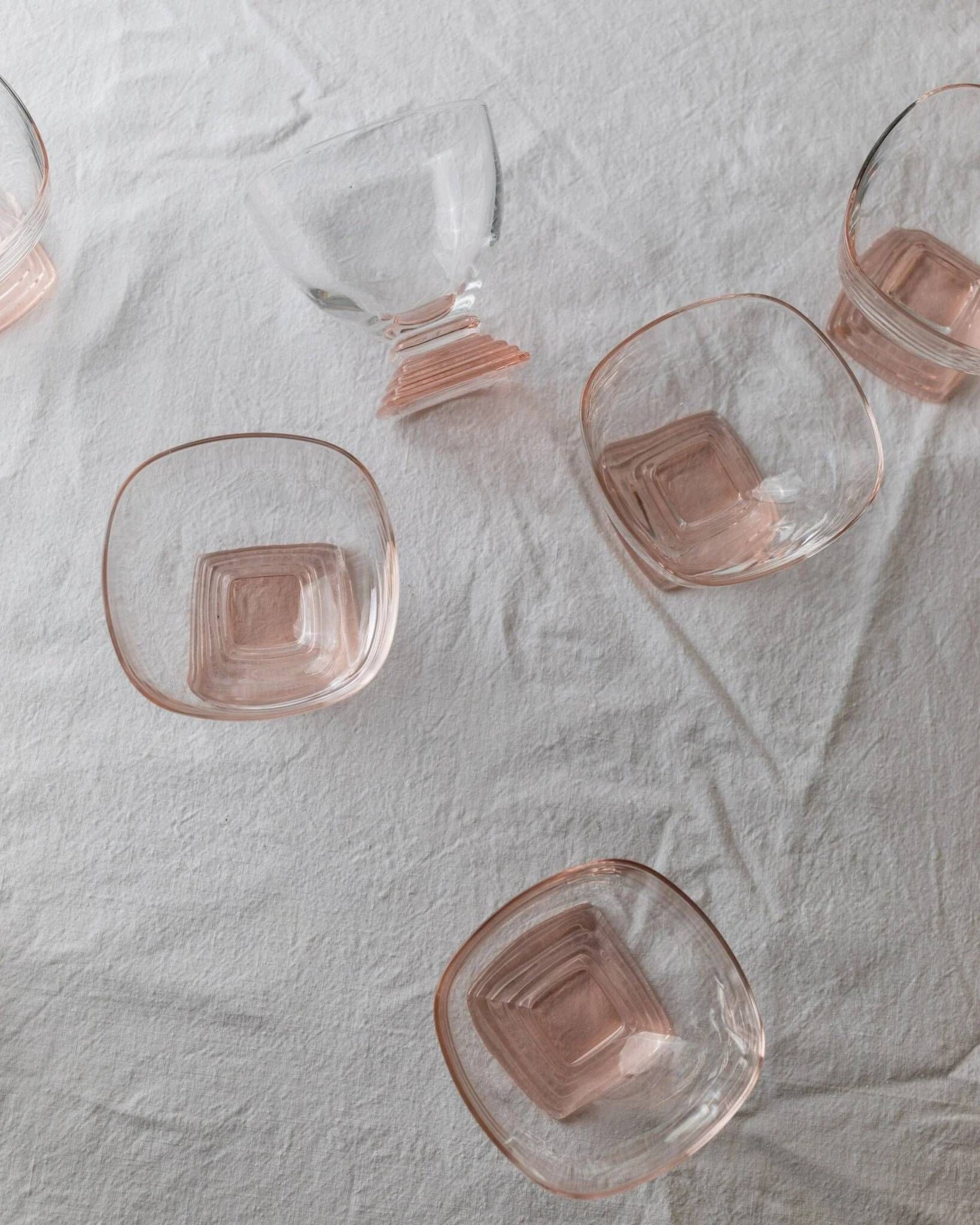 7 Retro Murano Glass Drinking Glasses - Pink, Peach & Clear Glass, 1970s Italy, Mid-Century Set