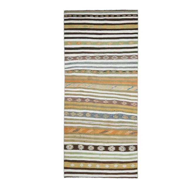 1970s Vintage Turkish Hand-Knotted Wool Cotton Green Runner Rug 139x323