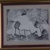 Painting drawing "the bull" Jules Mougin, the poet postman Abstract art brut