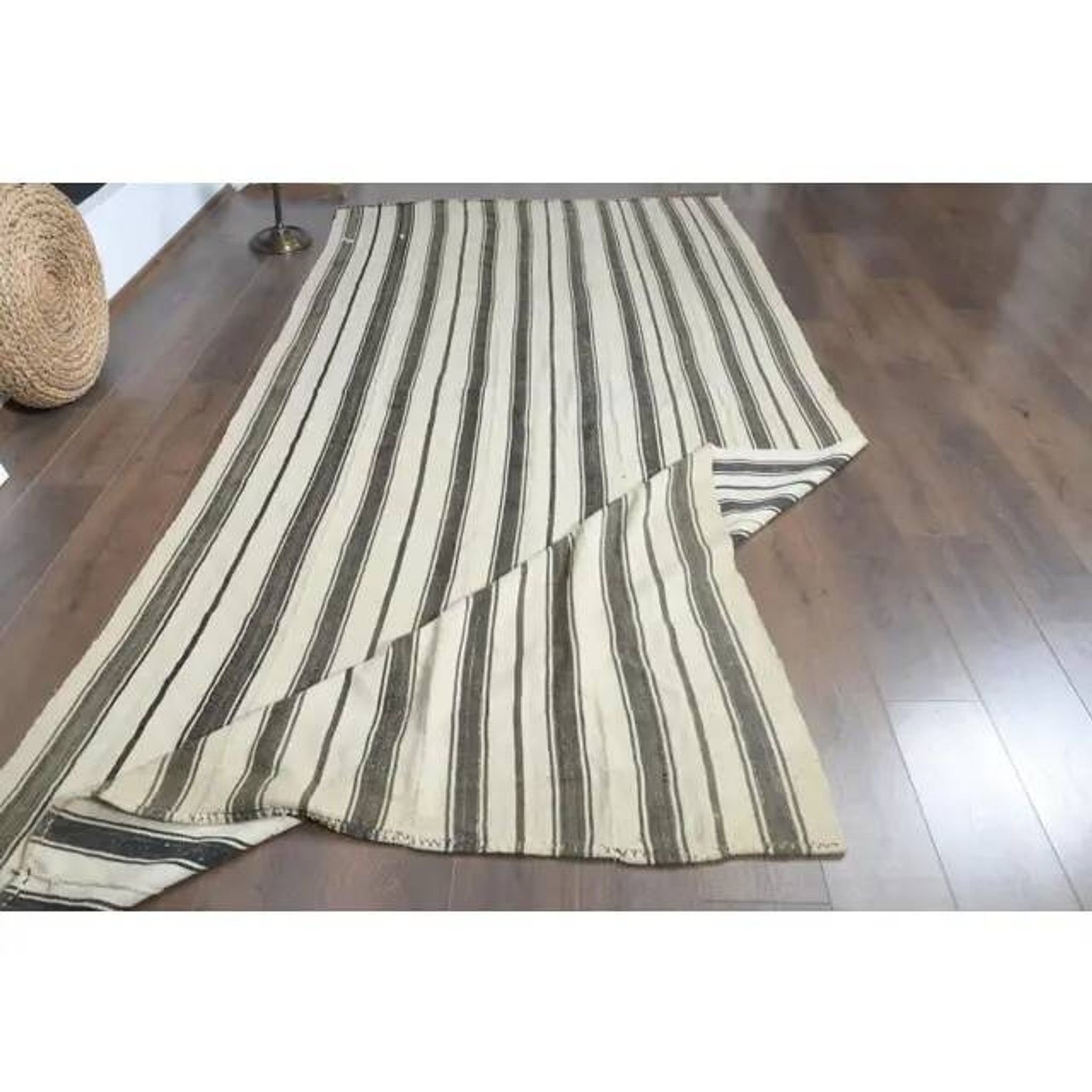 1970s Vintage Turkish Handmade Wool Cotton Brown Kilim Rug 173x369
