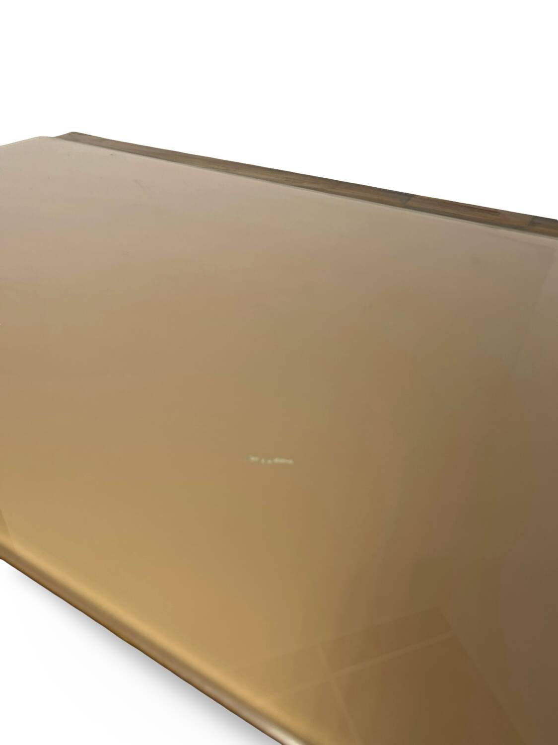 Veneered burl walnut chest of drawers with light warm brown glass top