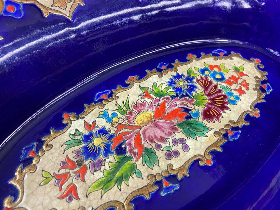 Oblong hollow dish in Longwy earthenware MP Chevallier Renaissance