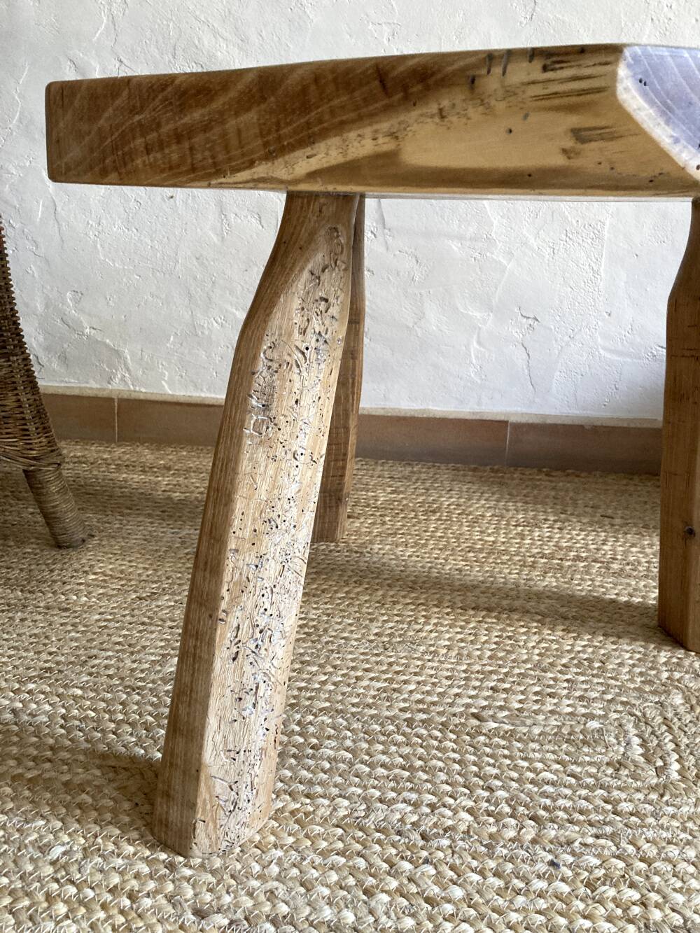 Brutalist tripod coffee table in solid olive ash wood