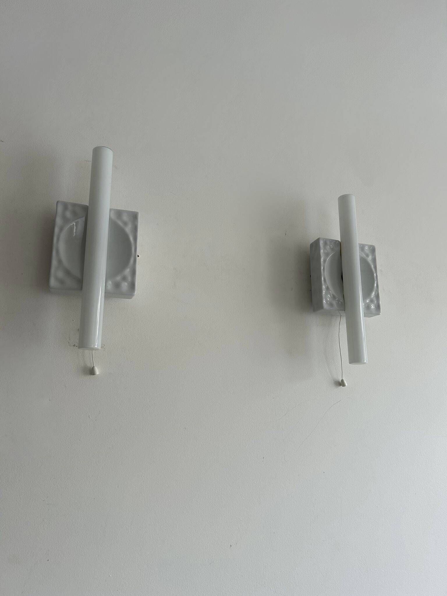 Pair of vintage porcelain wall lights with switch, France 1970.