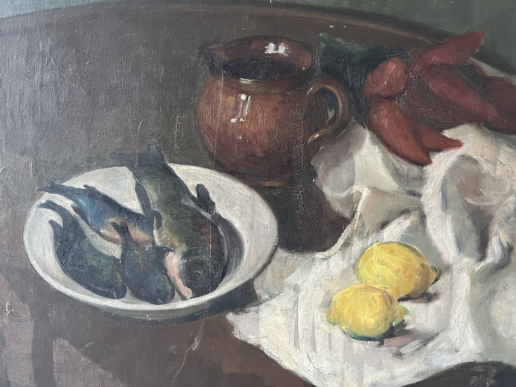 Oil on canvas still life with fish from the 1920s, antique painting.