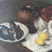 Oil on canvas still life with fish from the 1920s, antique painting.