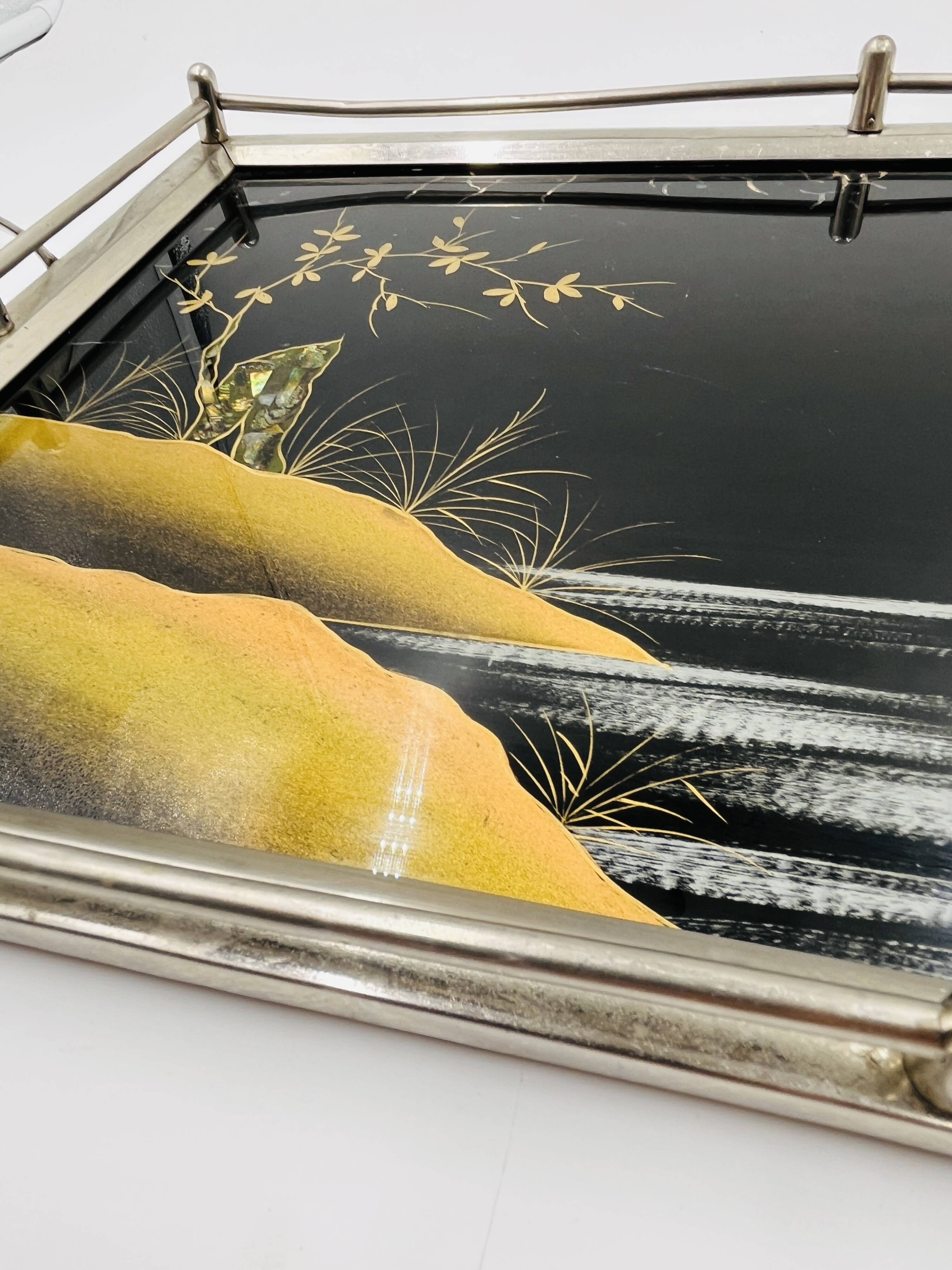 Plateau Art Déco en fixé sous verre et nacre