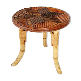 Tabouret trépied en marqueterie de rotin 1960