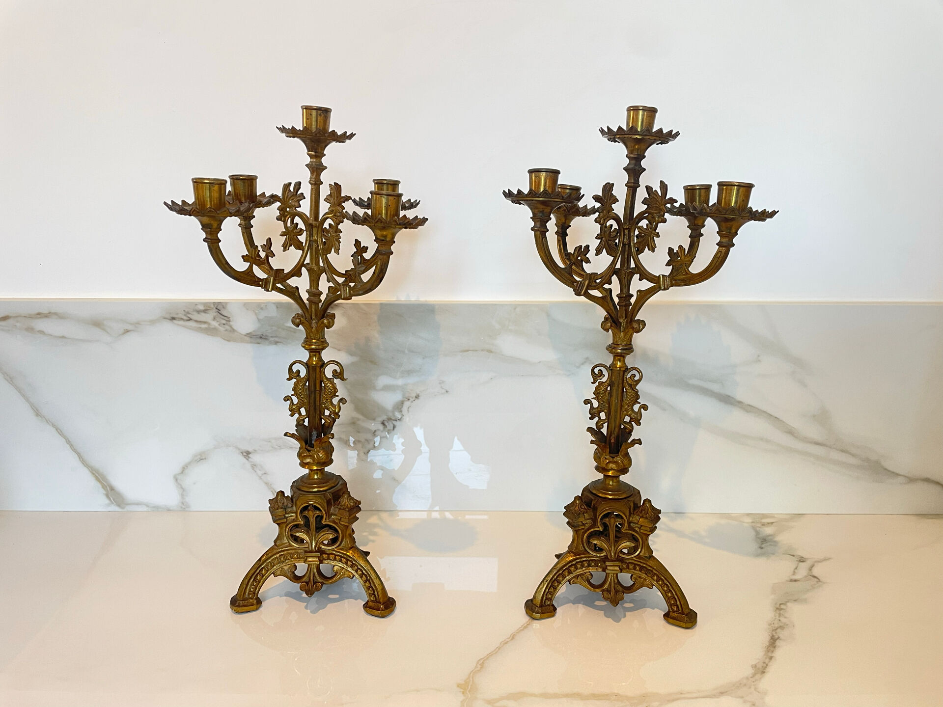 Pair of church candelabra - 19th century - in bronze and brass, 5 lights / c