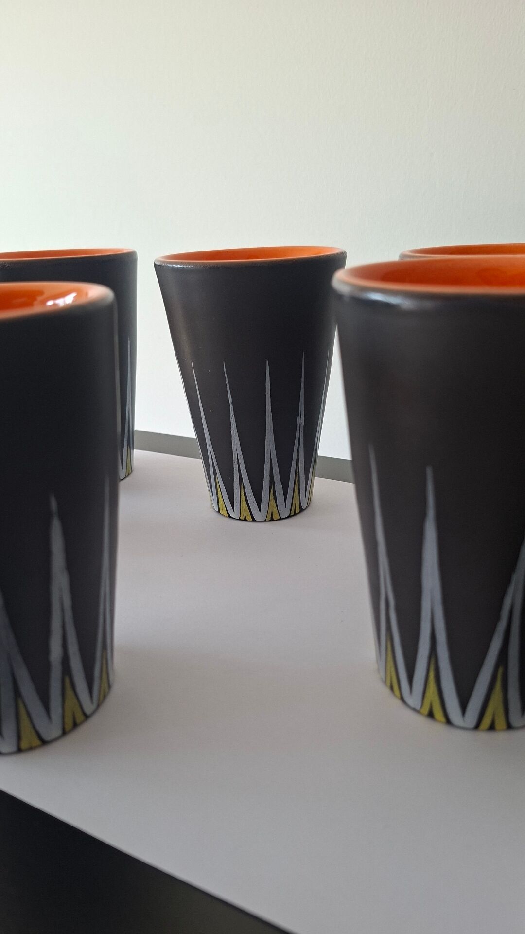 Six Orange and Black Ceramic Vases Vallauris André Baud