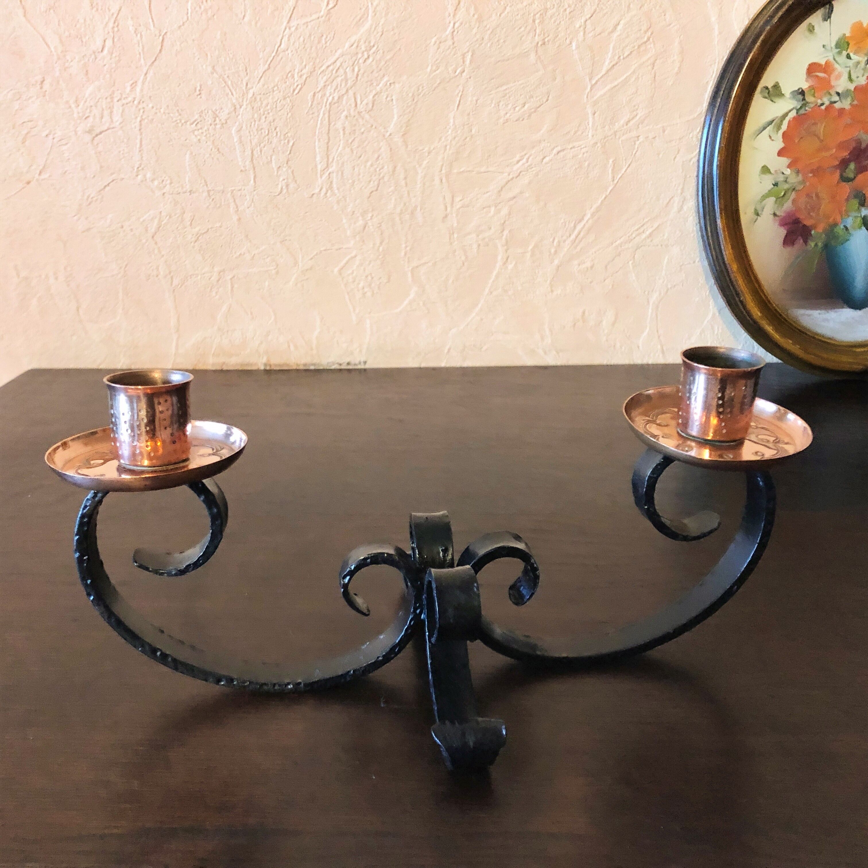 Bougeoir chandelier artisanal fer forgé et cuivre rouge ciselé