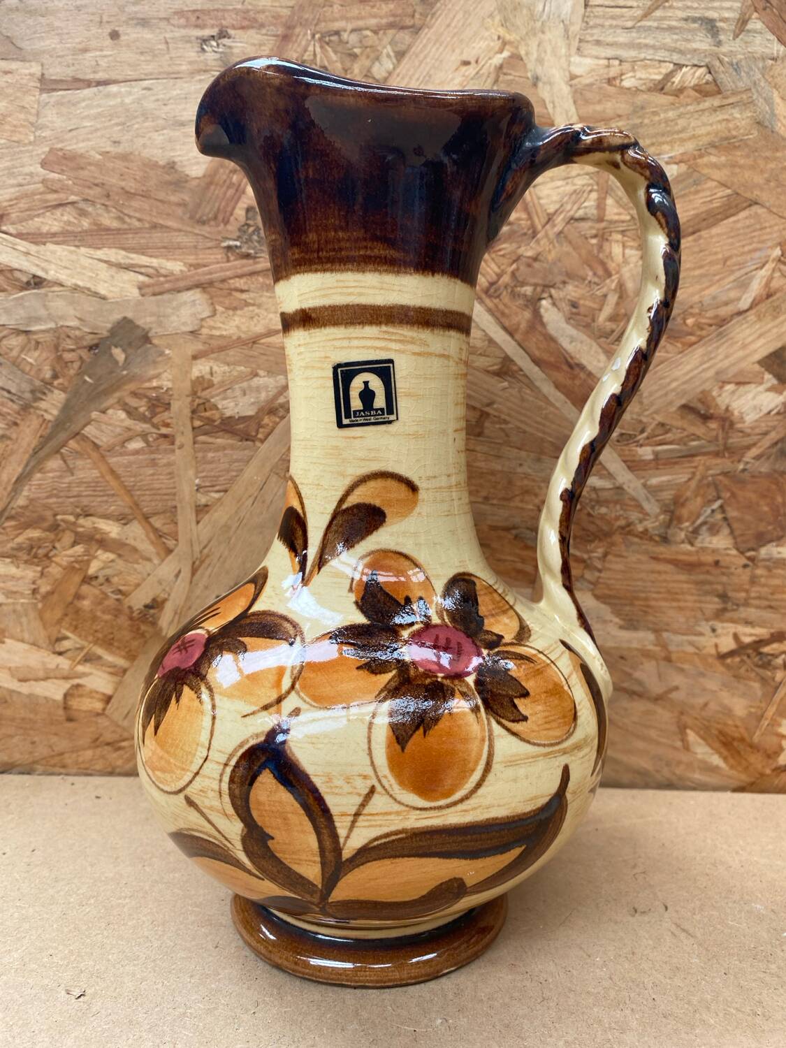 Antique JASBA Ceramic Pitcher Brown Beige Flower Decor Germany Vintage #B243