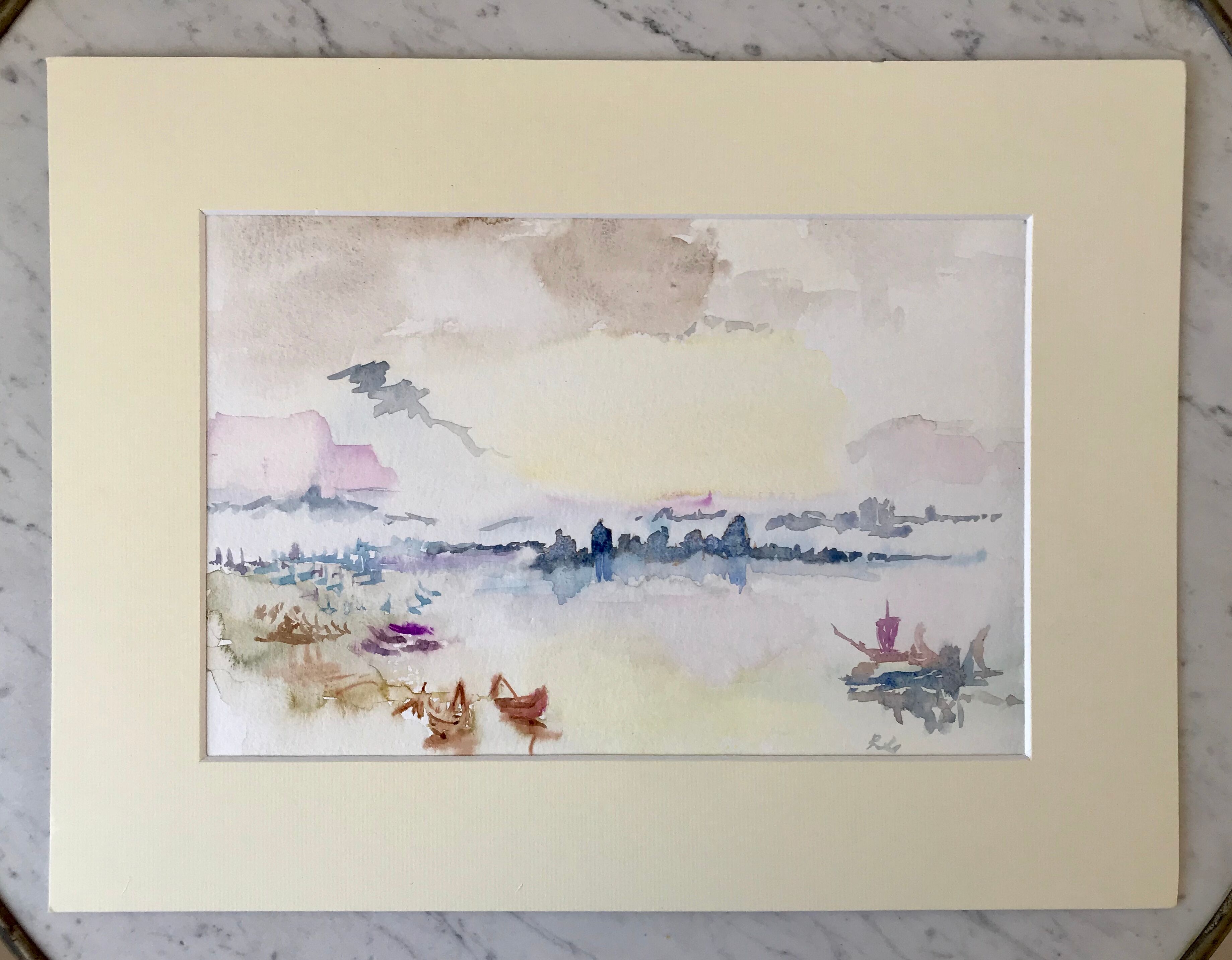 Watercolor sunset sea signed Roseline Lombard