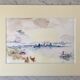 Watercolor sunset sea signed Roseline Lombard