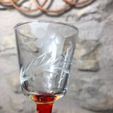 Antique and rare! Sold in a set of 12 colorful twisted stemmed glasses engraved with flowers and leaves