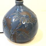 Lampe signé en grés bleu vintage chardons 1970 abat-jour corde raphia années 70 bohème