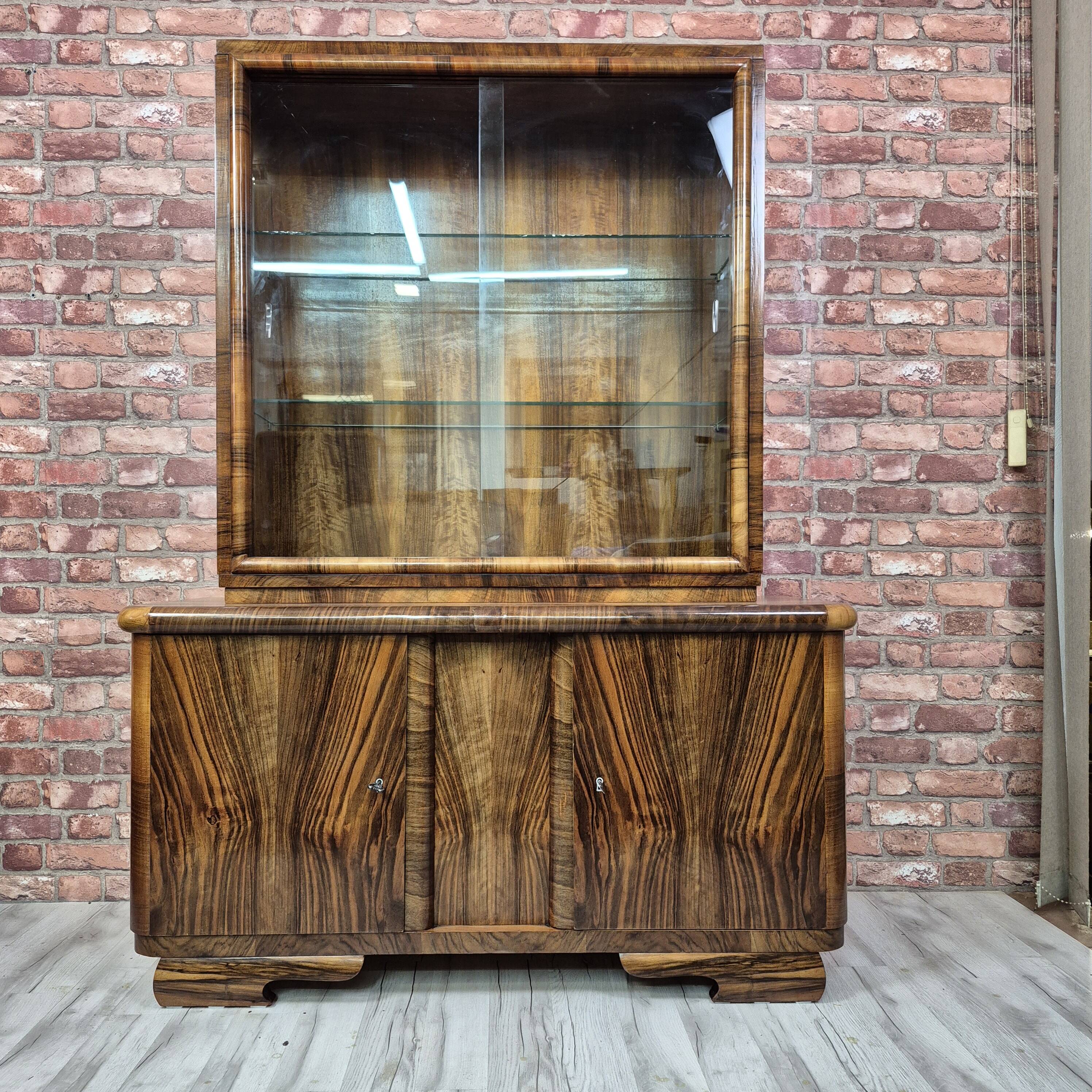 Streamlined Art Deco Walnut Display Cabinet / Sideboard – 1930s / 1940s