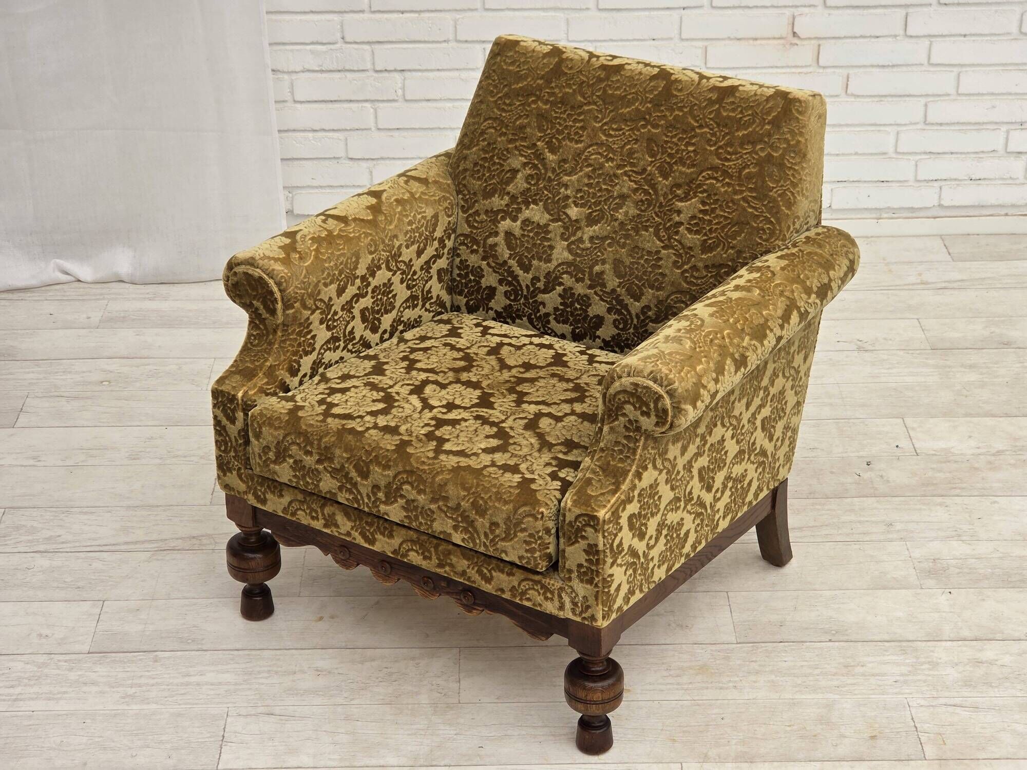 1960s, Danish armchair, furniture velour, carved oak wood.
