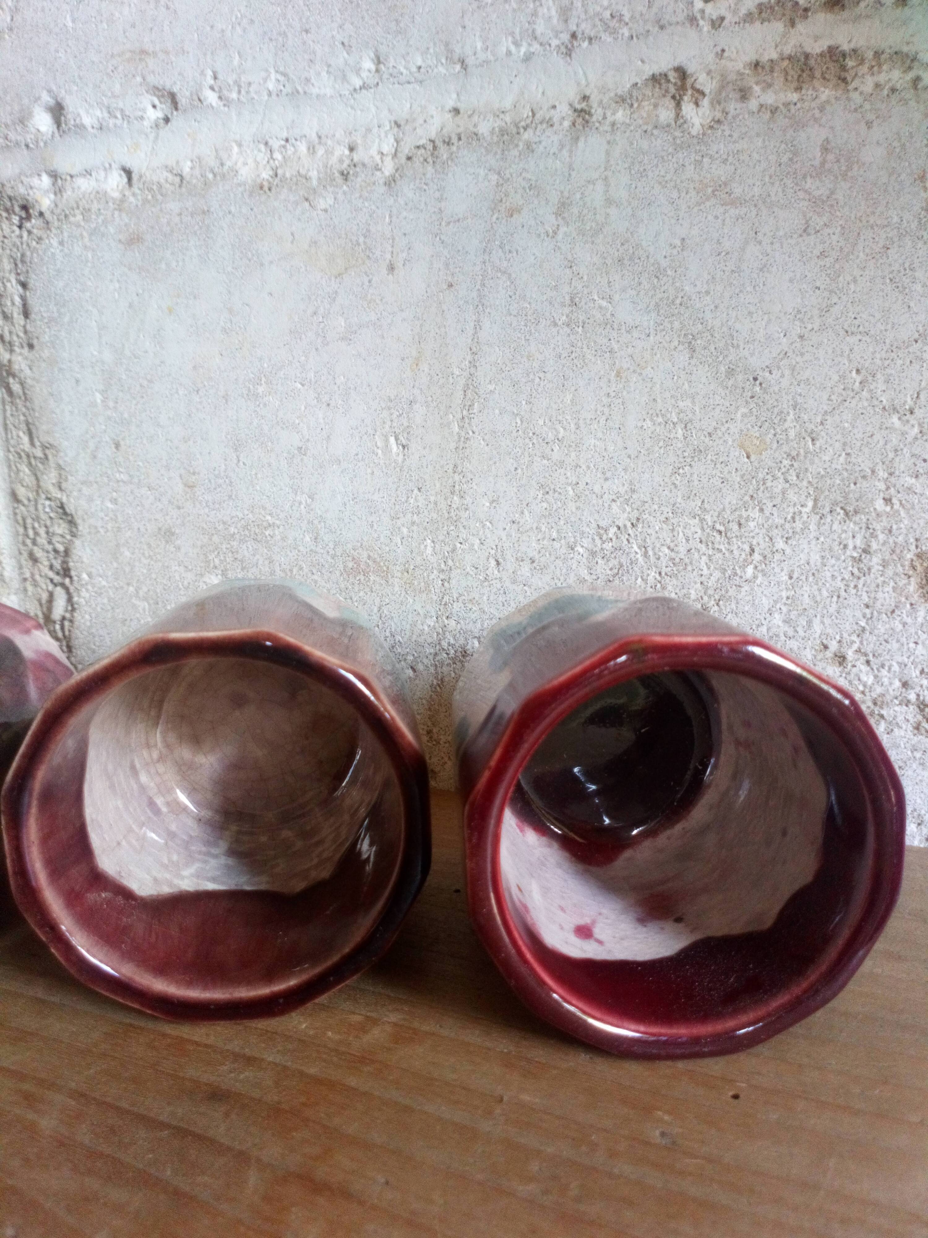 Six old yoghurt pots in enamelled porcelain