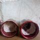 Six old yoghurt pots in enamelled porcelain