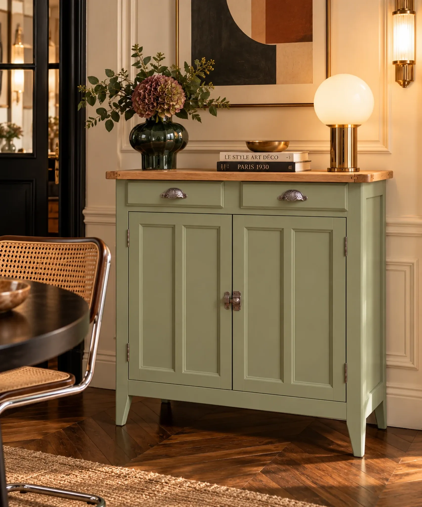 Renovated khaki Art Deco Parisian buffet in beech.