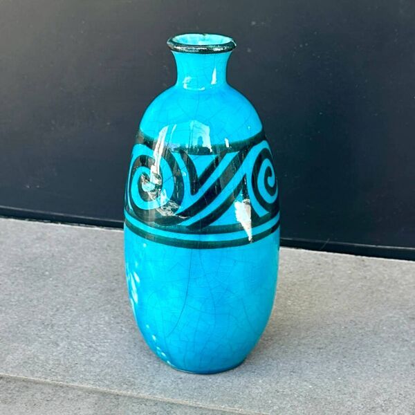 Vase ovoïde en céramique à émail bleu craquelé – Edmond Lachenal - Art déco