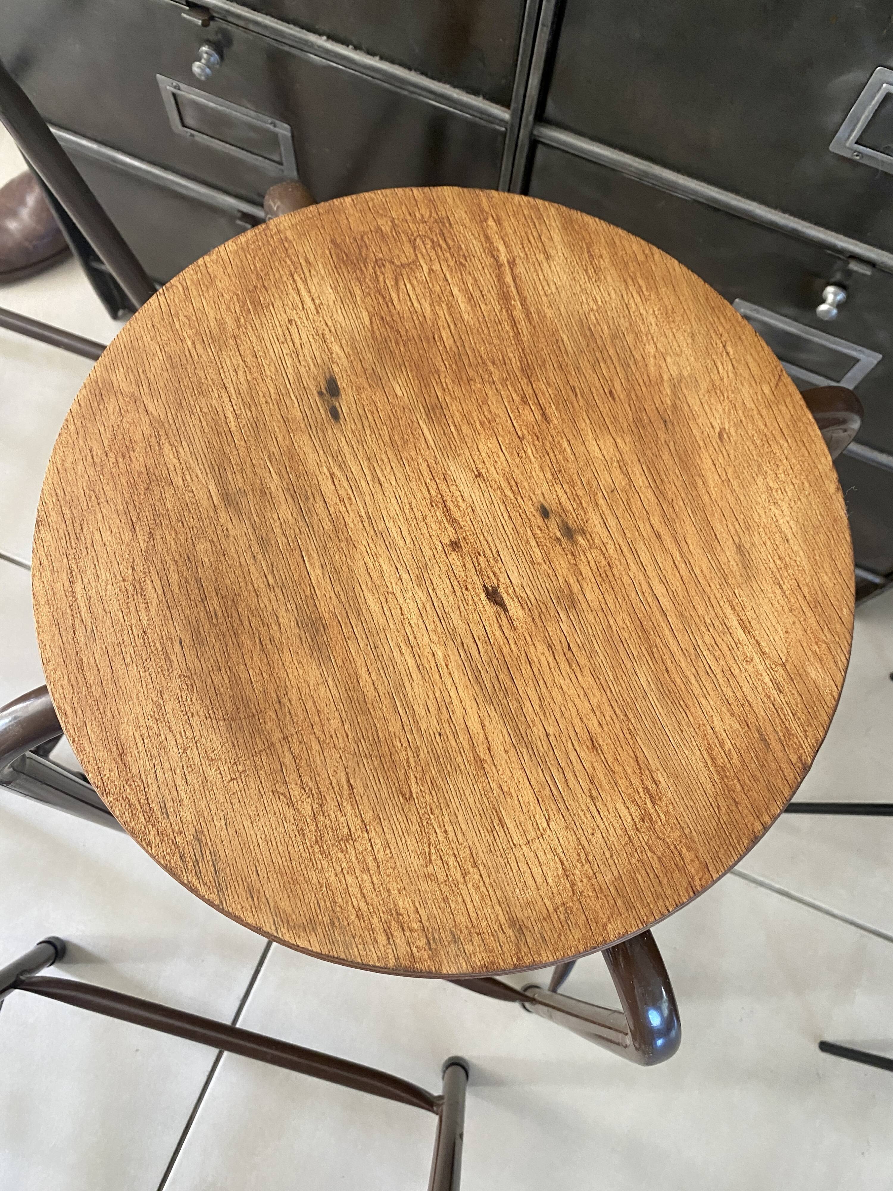 Series of 5 metal and wood workshop stools