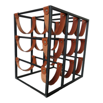 Arthur umanoff bottle rack in fawn leather and black lacquered metal