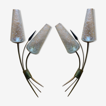 Pair of glass and brass sconces 1970