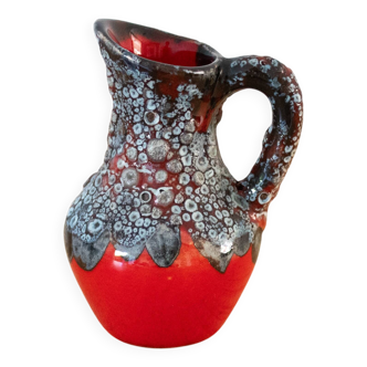 Petit vase pichet vintage en céramique, poterie de lave française des années 1950, rouge et gris