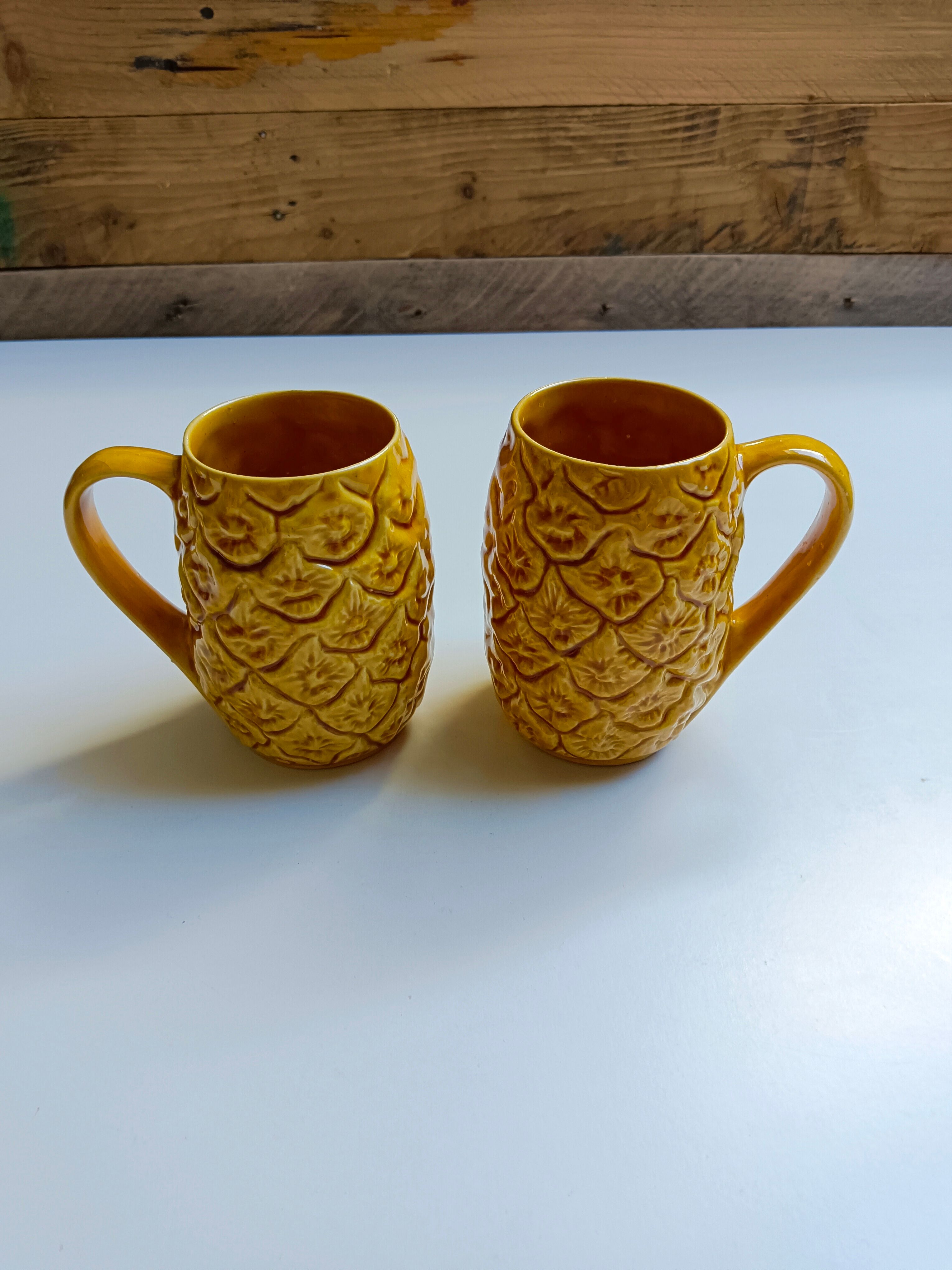 Handmade yellow pineapple mugs signed Kerangol made in Portugal.