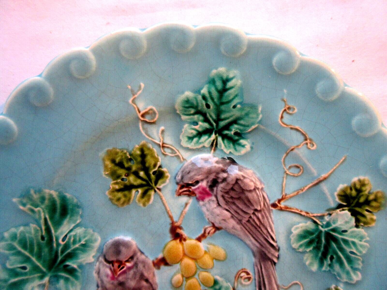 Art Deco Sarreguemines blue slip plate: 2 Birds pecking grapes