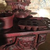 Stove, miniature cast iron stove + utensils