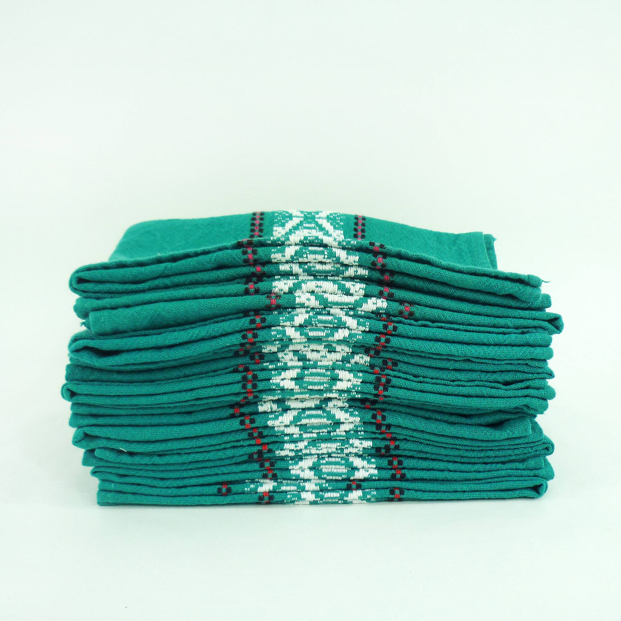 10 green cotton napkins - embroidered Basque-style designs