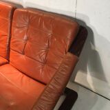 Wooden and ochre leather sofa