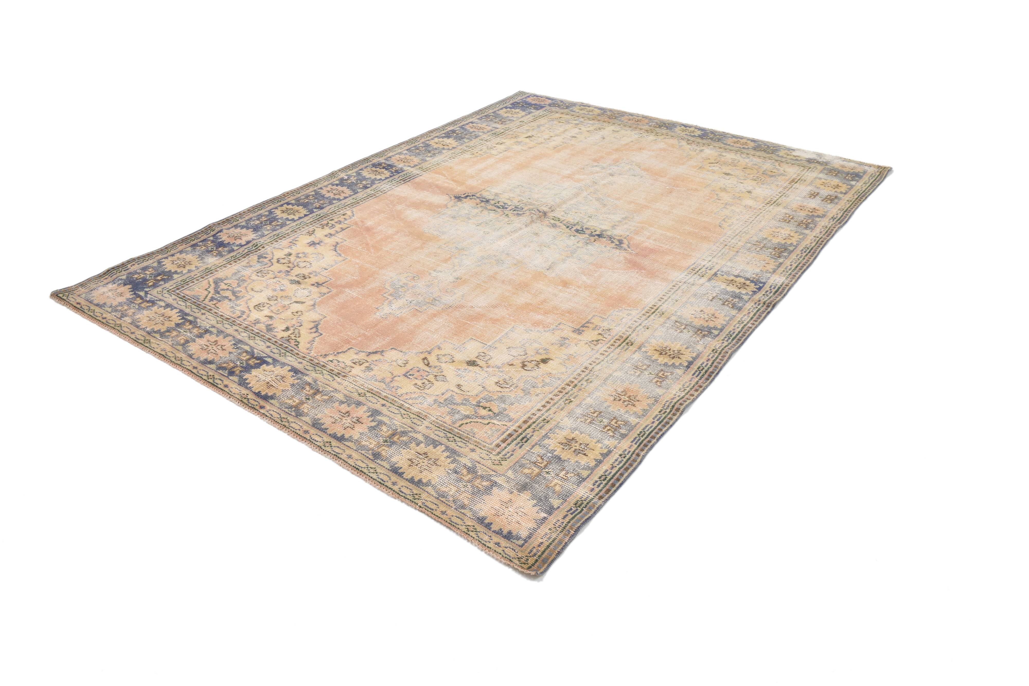 Grand Tapis Oushak Vintage, Laine Fait Main, Pêche et Bleu, 194x267 Cm