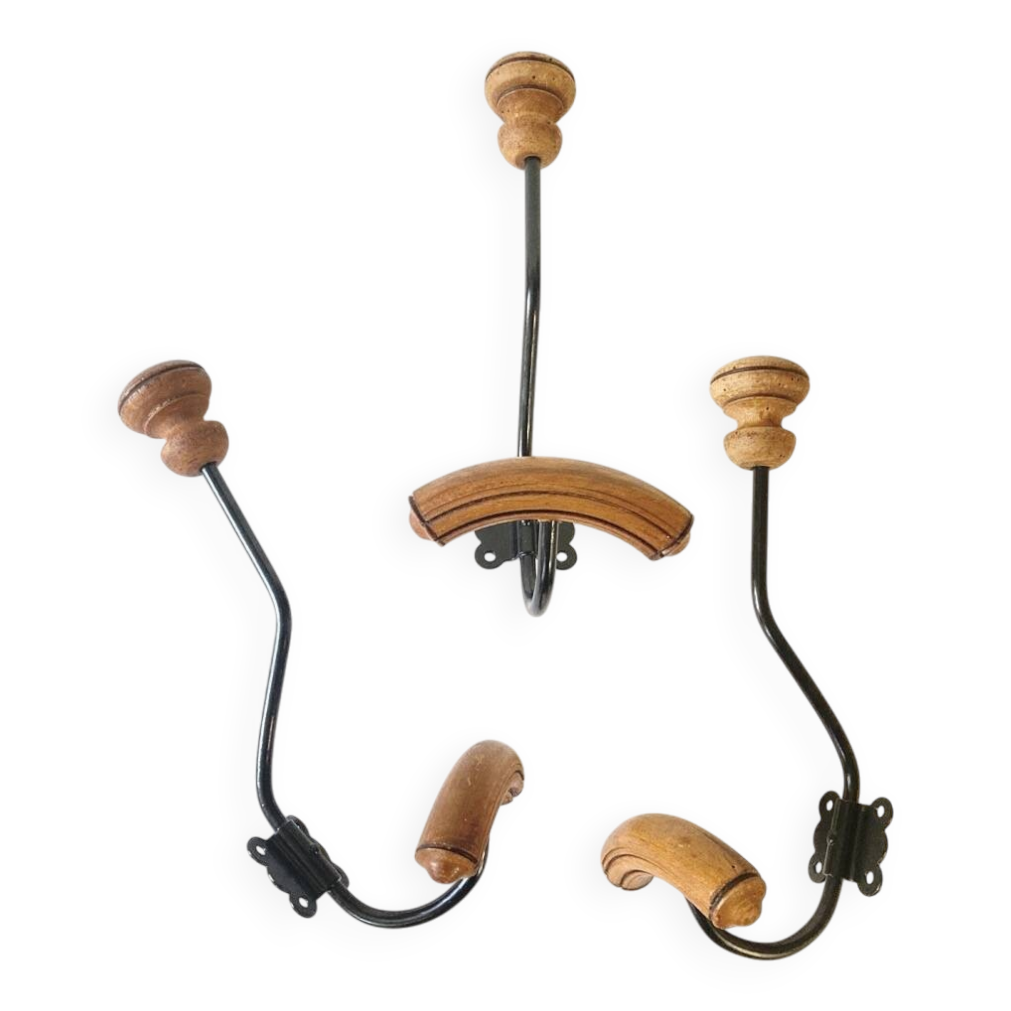 Trio of antique wooden and metal coat hooks