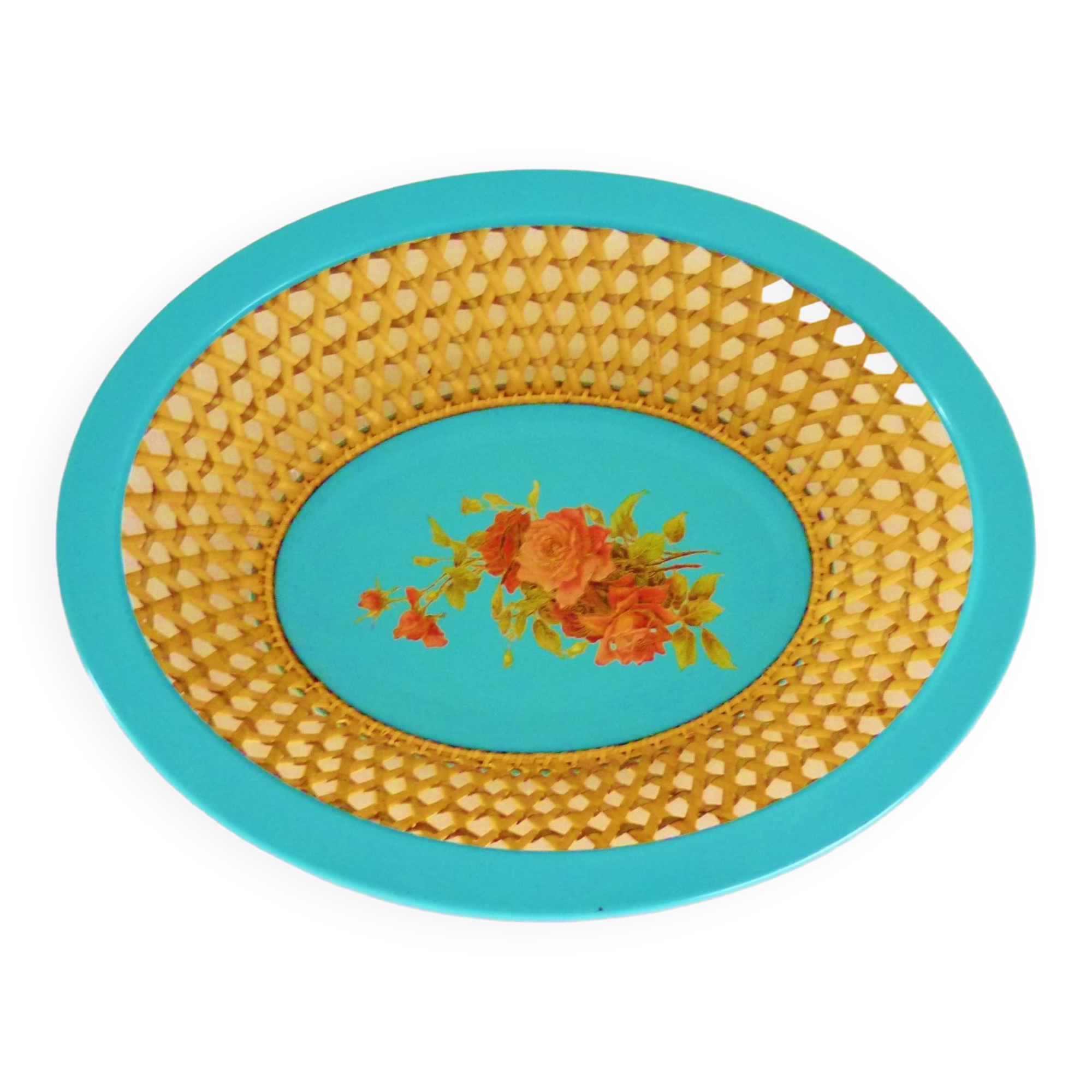 Antique basket in painted sheet metal and woven wicker, decorated with roses