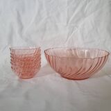 Ensemble saladier et 6 coupelles verre torsadé rosaline Arcoroc vintage