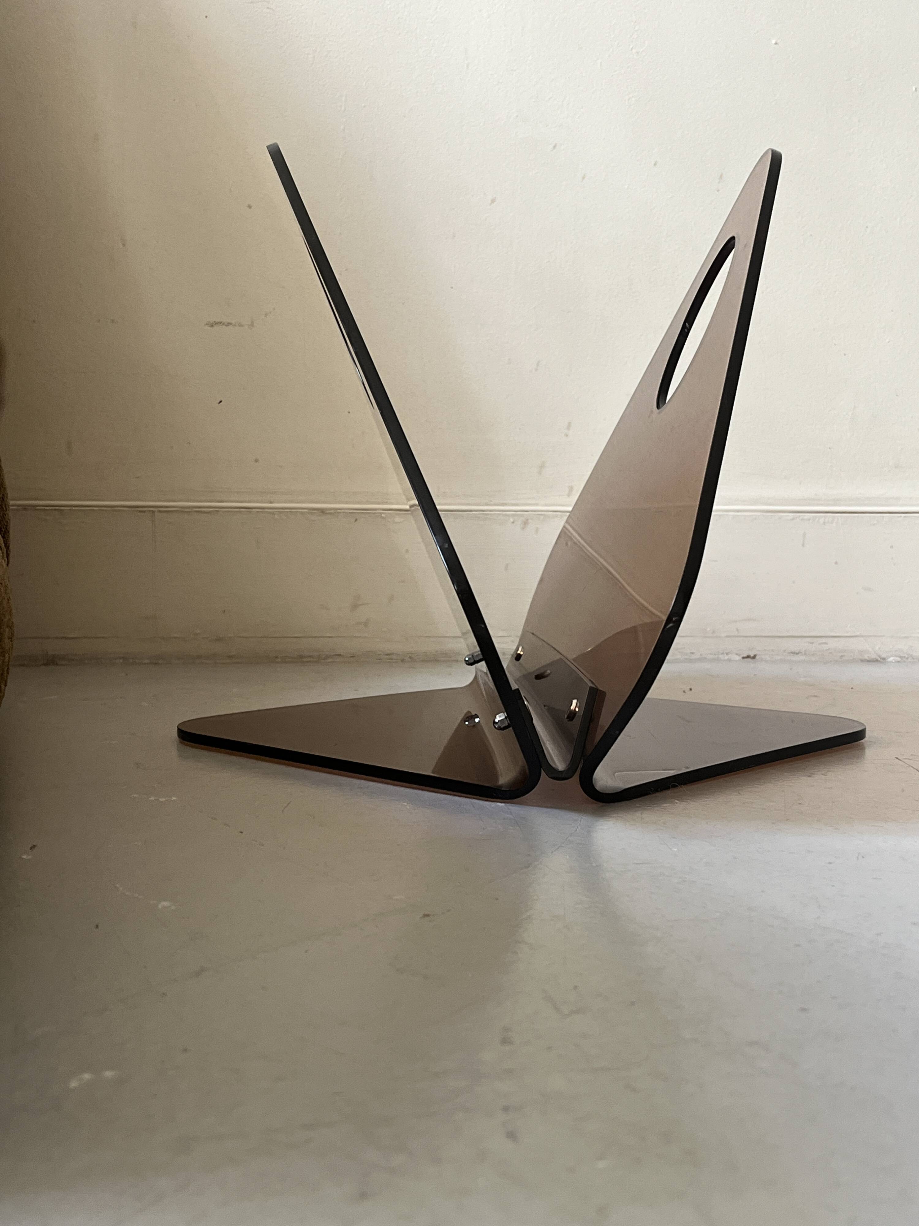 magazine holder in smoked plexiglass, design 1970