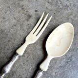 2 silver and bone salad servers