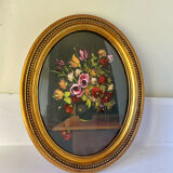 Peinture de la composition florale dans un cadre ovale en bois doré mesures 29 cm x 23 cm verre CONVEXE