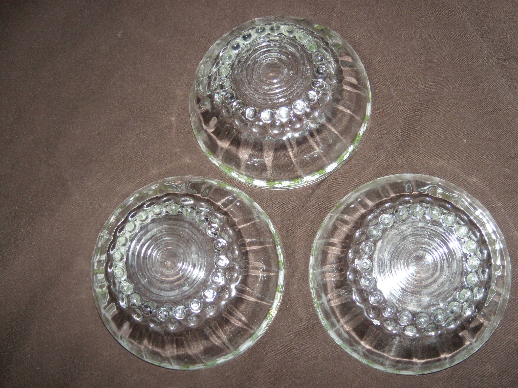 Set of 3 antique glass bowls/dishes decorated with small white flowers by Materne, rare.