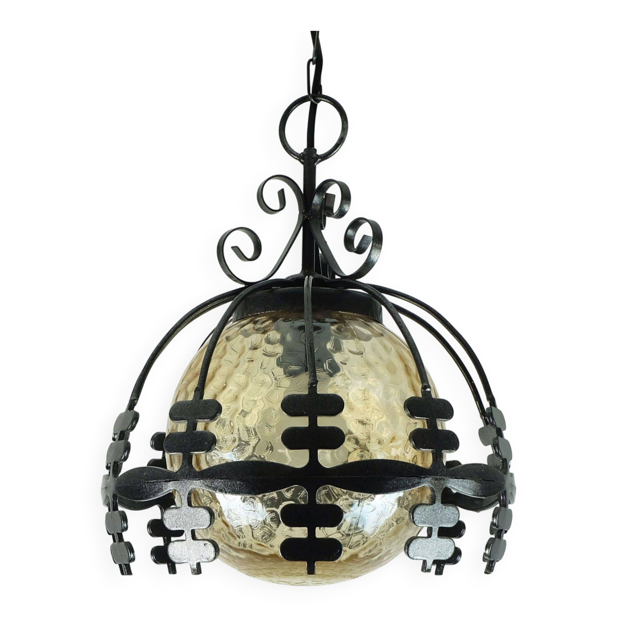 1970s Amber Glass Pendant Light with Iron Frame - 2 Available