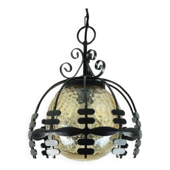 1970s Amber Glass Pendant Light with Iron Frame - 2 Available