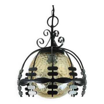 1970s Amber Glass Pendant Light with Iron Frame - 2 Available